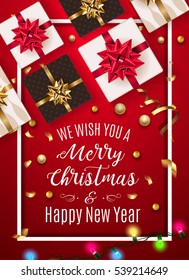 Vintage christmas greeting card with gifts bow, christmas tree. Happy New Year decoration with confetti and light garland. Christmas typographical background with fir branches and elements. Vector