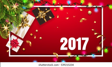 Vintage christmas greeting card with gifts bow, christmas tree. Happy New Year decoration with confetti and light garland. Christmas typographical background with fir branches and elements. Vector