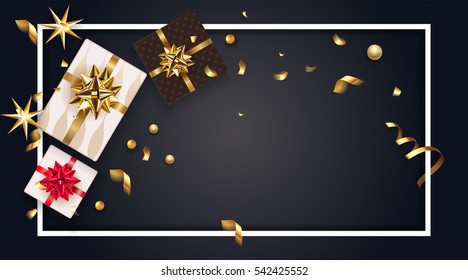 Vintage christmas greeting card with gifts bow, christmas tree. Happy New Year 2017 decoration with confetti and stars. Christmas typographical black luxury background with  element. Vector