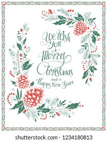 Vintage Christmas Greeting Card with Hand Drawn Floral Adornment and Congratulatory Inscription