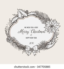 Vintage christmas greeting card. Happy new year 2016. Vector wreath of branches of different trees. Monochrome illustration.