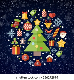 Vintage christmas greeting card, icons and symbols, christmas tree, snowflakes, gift box, santa elements vector background