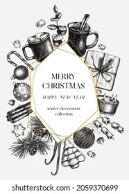 Vintage Christmas greeting card or invitation template. Hand-sketched holiday illustrations of Christmas decoration, traditional sweets and winter. Christmas or New Year design in vintage style.