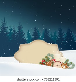 Vintage Christmas greeting card, invitation. Snowy winter landscape with forest, paper label for text, candles, spruce and eucalyptus tree branches, gingerbread cookies and red berries. Retro vector.