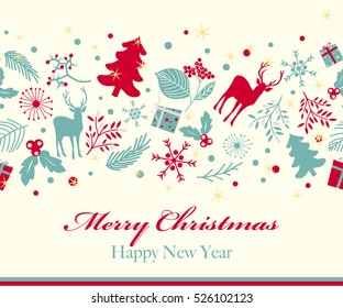 Vintage Christmas greeting card. Merry Christmas and happy new year lettering