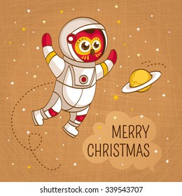 Vintage Christmas greeting card with owl astronaut in a human space suit, vector illustration