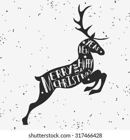 Vintage Christmas greeting card with reindeer. Merry christmas and a happy new year. Grunge texture. T-shirt design, label, decor elements, greeting and postal cards.