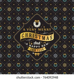 Vintage Christmas greeting card. Typographic retro design on seamless background. Vector Illustration