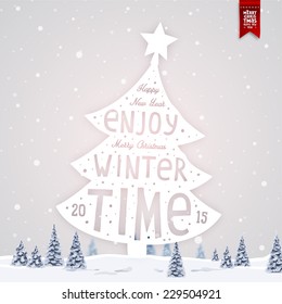 Vintage Christmas Greeting Card With Typography Holiday Label Design. Winter Landscape Background with Blurred Xmas Trees and Snowflakes.