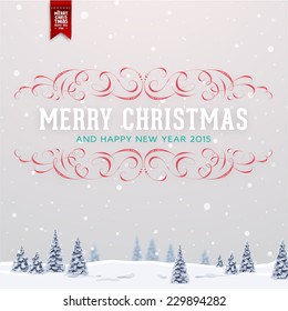 Vintage Christmas Greeting Card With Typography Holiday Label Design. Winter Landscape Background with Blurred Xmas Trees and Snowflakes.