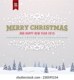 Vintage Christmas Greeting Card With Typography Holiday Label Design. Winter Landscape Background with Blurred Xmas Trees and Snowflakes.