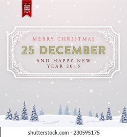 Vintage Christmas Greeting Card With Typography Holiday Label Design. Winter Landscape Background with Blurred Xmas Trees and Snowflakes.