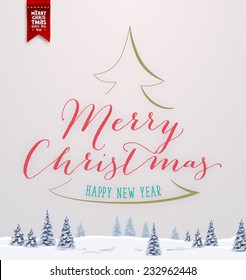 Vintage Christmas Greeting Card With Typography Holiday Label Design. Winter Landscape Background with Blurred Xmas Trees