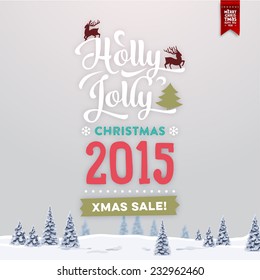 Vintage Christmas Greeting Card With Typography Holiday Label Design. Winter Landscape Background with Blurred Xmas Trees