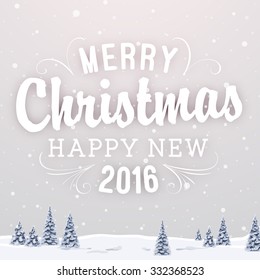 Vintage Christmas Greeting Card With Typography Holiday Label Design. Winter Landscape Background with Blurred Xmas Trees and Snowflakes.