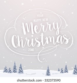 Vintage Christmas Greeting Card With Typography Holiday Label Design. Winter Landscape Background with Blurred Xmas Trees and Snowflakes.
