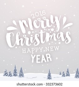 Vintage Christmas Greeting Card With Typography Holiday Label Design. Winter Landscape Background with Blurred Xmas Trees and Snowflakes.