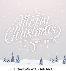 Vintage Christmas Greeting Card With Typography Holiday Label Design. Winter Landscape Background with Blurred Xmas Trees and Snowflakes.