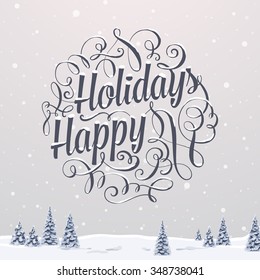 Vintage Christmas Greeting Card With Typography Holiday Label Design. Winter Landscape Background with Blurred Xmas Trees and Snowflakes.