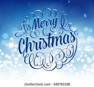 Vintage Christmas Greeting Card With Typography Holiday Label Design. Winter Background with Blurred Xmas Lights and Snowflakes. Vector Illustration for Invitations and Posters Design.