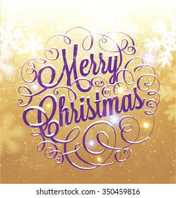 Vintage Christmas Greeting Card With Typography Holiday Label Design. Winter Background with Blurred Xmas Lights and Snowflakes. Vector Illustration for Invitations and Posters Design.