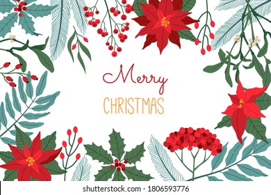 Vintage Christmas greeting card, with winter plants, poinsettia, holly berry, laurel, spruce, tree brunch, traditional symbol. Vector illustration in flat cartoon style, isolated on white background.