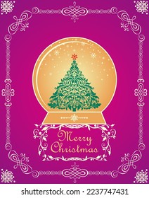 Vintage Christmas greeting craft card in viva magenta color with golden globe with Xmas tree and decorative curled frame