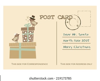 Vintage christmas greeting postcard with gift boxes and birds, hand drawn vector illustration background