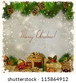 vintage Christmas greeting-card with fir-tree and gifts