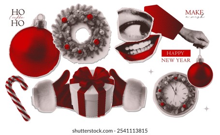 Vintage Christmas halftone collage elements set. Torn out of magazine various shapes, New Year clipping paper stickers - gift, balls, smiling mouth. Modern retro grunge vector illustration