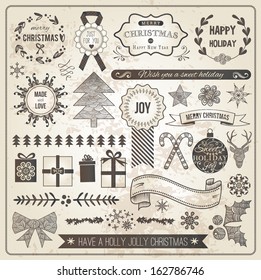 Vintage Christmas Hand Drawn Vector Set: Design Elements and Page Decoration, Vintage Ribbon, Laurel, Label