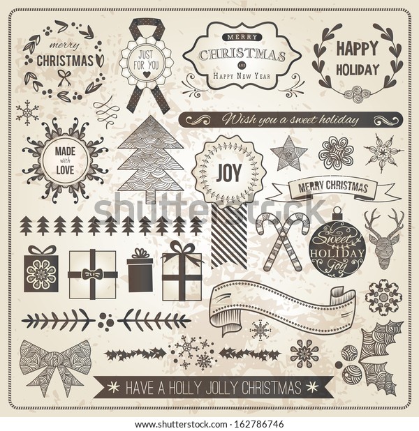 Vintage\
Christmas Hand Drawn Vector Set: Design Elements and Page\
Decoration, Vintage Ribbon, Laurel,\
Label