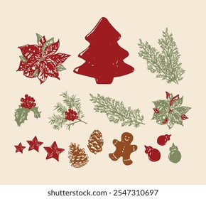 Vintage Christmas hand-drawn illustrations of ornaments, ginger bread, decoration, and mistletoe. Ideal for creating nostalgic holiday cards, posters, product packaging, and festive designs.