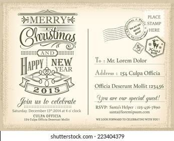 Vintage Christmas and Happy New year holiday postcard background vector for party invitation card