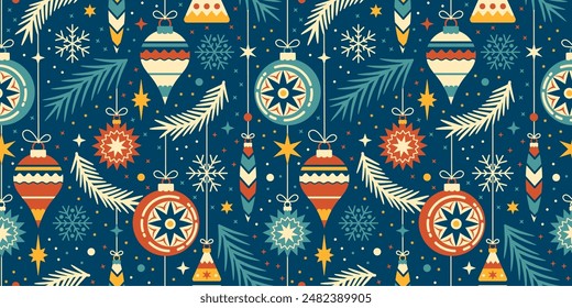 Vintage Christmas and Happy New Year seamless wallpaper, wrapping paper. Pattern with Christmas bubbles and decorations. Retro style. Vector background.