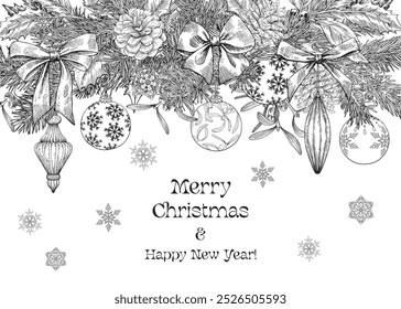 Vintage Christmas and happy new year background with bows, toys fir twigs pine cone holly mistletoe balls. Black white Hand drawn Engraved vector illustration for design holiday decor, card, poster