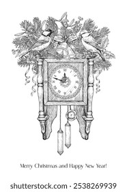 Vintage Christmas and happy new year background with clock, tit birds fir branches bells bow ribbon mistletoe. Black white Hand drawn element Vector illustration for design holiday decor, poster, card