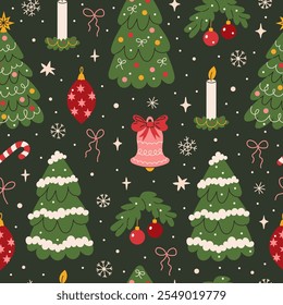 Vintage Christmas and Happy New Year seamless pattern. Xmas holiday background with hand drawn Christmas trees and decorations, candles, bows, stars, snowflakes, candy cane. Vector flat illustration.