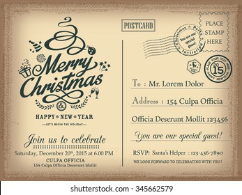 Vintage Christmas and Happy New year holiday postcard background vector for party invitation card