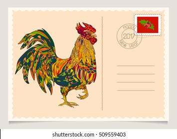 Vintage Christmas and Happy New year. Greeting postcard with rooster - symbol of year 2017.