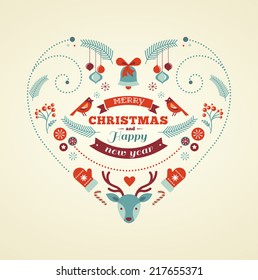 Vintage Christmas heart design with birds, elements, ribbons and deer