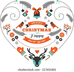 Vintage Christmas heart design with birds, elements, ribbons and deer