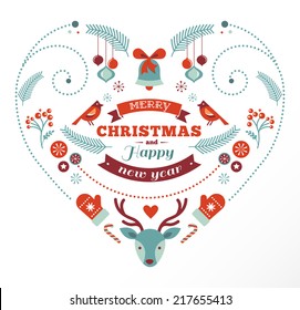 Vintage Christmas heart design with birds, elements, ribbons and deer