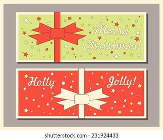 Vintage Christmas holiday greeting cards set with bows. Happy holidays set of tags and bookmarks. Vector illustration.