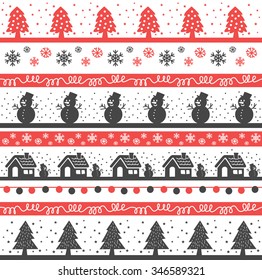 Vintage Christmas holiday seamless background with tree, house, snowman and snowflake