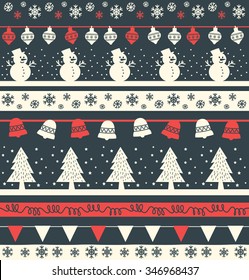 Vintage Christmas holiday seamless background with tree, bunting, snowman, snowflake and Christmas ball, suitable for fabric printing or knitting