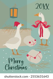 Vintage Christmas Holly card with cute goose, Christmas tree and hay. Vector pre-made printable card template with hand drawn flat illustrations of domestic birds.