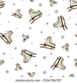 Vintage Christmas Ice Skates Seamless Pattern, winter sketches texture