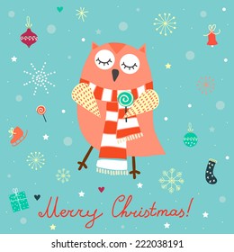 Vintage Christmas illustration with cute owl, scarf and lollipop. Perfect for Christmas cards. 