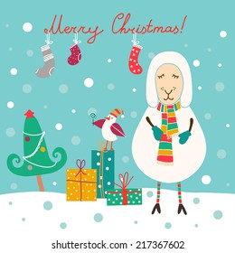 Vintage Christmas illustration with cute sheep, little bird and gifts. Perfect for Christmas cards. 